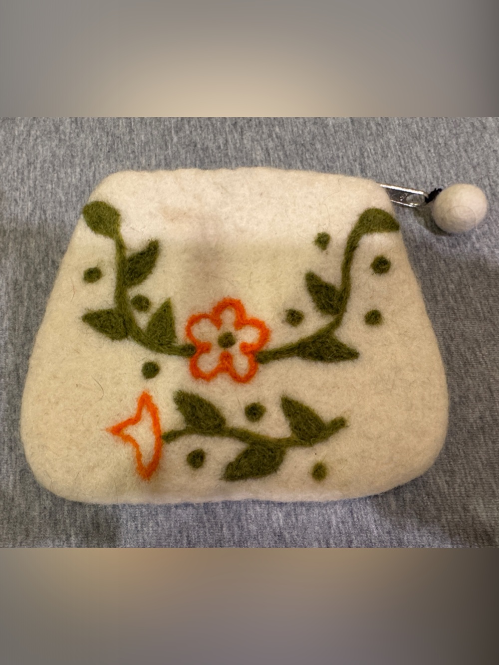 BNB Cream Felted Wool Floral Coin Purse with Orange & Olive Made in Nepal